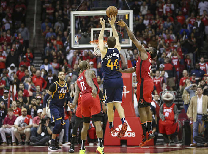 Bojan Bogdanovic (44) hits a game-winning three-pointer at the buzzer over PJ Tucker (17) and James Harden (13)